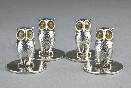Sampson Mordan Antique Silver Owl Menu Holders (set of 4)